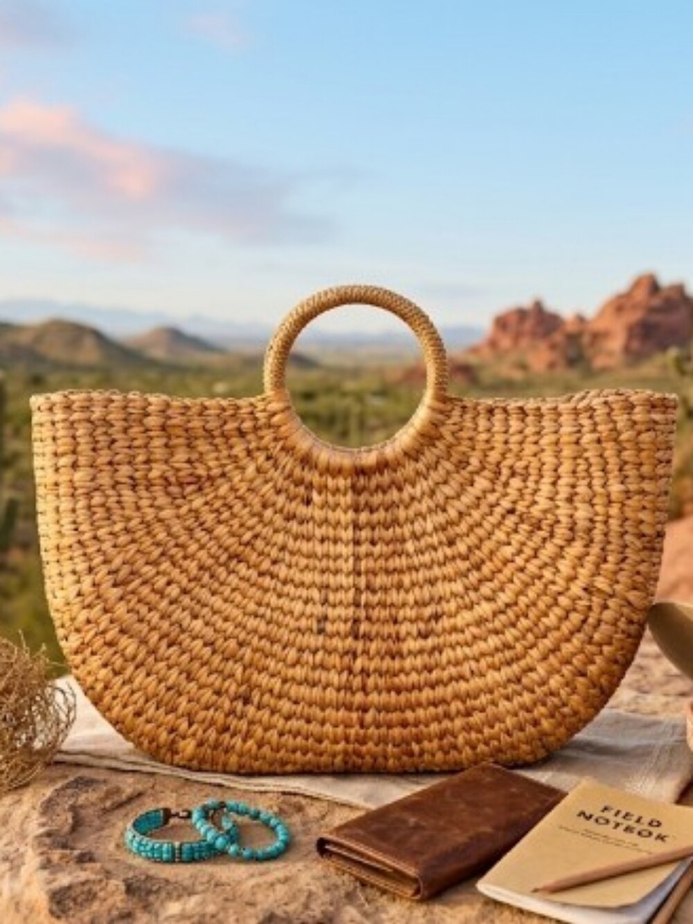 Boho Woven Straw Tote Bag | Natural Crescent Basket Bag with Round Handles